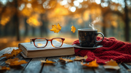 A warm drink sits beside an open book and glasses, with fallen leaves scattered on a wooden table. Vibrant autumn colors create a tranquil atmosphere in the park.の素材