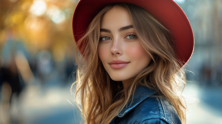 Bright autumn day with a young woman wearing a red hat and denim jacket. She smiles at the camera showcasing her vibrant surroundings filled with fall colors and city life.の素材