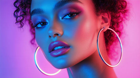 A woman showcases stunning makeup with bright highlights and big hoop earrings, illuminated by vivid blue and pink lights, creating an eye-catching contrast that emphasizes her features.の素材