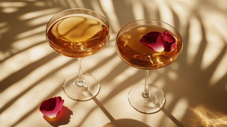 Two elegant cocktails sit on a sunlit table, adorned with delicate rose petals. The warm summer afternoon enhances the tranquil atmosphere, making it perfect for relaxation.の素材