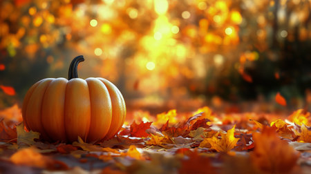 A bright orange pumpkin rests among a blanket of fallen leaves in a tranquil forest. Sunlight filters through the trees, creating a warm glow in this autumn landscape.の素材