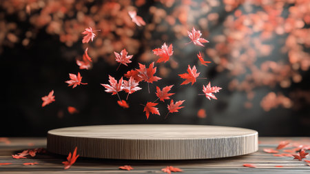 Red maple leaves are gracefully falling above a smooth wooden surface, capturing the essence of autumn in a warm and inviting setting.の素材