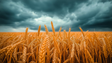 Golden wheat stalks sway gently in the wind as dark storm clouds loom overhead, signaling an impending rain in this agricultural landscape during late afternoon.の素材