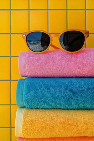 A stack of vibrant towels in pastel colors rests neatly against a sunny yellow tiled backdrop. Stylish sunglasses sit on top, creating a cheerful summer atmosphere.の素材