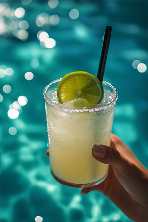 A hand holds a glass of cocktail with a lime slice while basking in the sun. The vibrant blue water of the pool glistens in the background, creating a relaxing atmosphere.の素材
