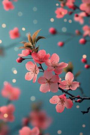 Delicate cherry blossoms in full bloom display vibrant pink hues against a soothing turquoise backdrop, creating a serene and beautiful spring atmosphere.の素材