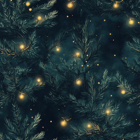 Decorative evergreen branches adorned with warm, twinkling lights create a cozy atmosphere, set against a dark background that enhances the festive feel.の素材