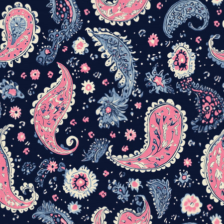 This textile showcases a striking paisley design adorned with intricate floral motifs in pink and blue on a deep navy backdrop, perfect for fashion or decor.の素材
