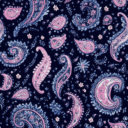 A vibrant paisley design is spread across dark fabric, with pink and blue colors creating a rich visual. Numerous floral elements enhance the intricate patterns and textures.の素材
