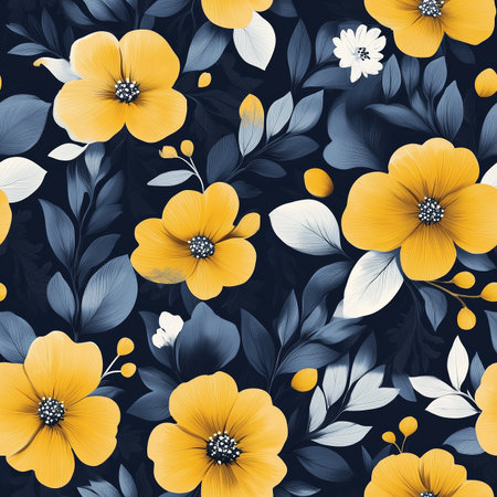 Bright yellow and white flowers bloom across a rich dark blue background, with green leaves enhancing the vibrant design, creating a lively and cheerful atmosphere.の素材