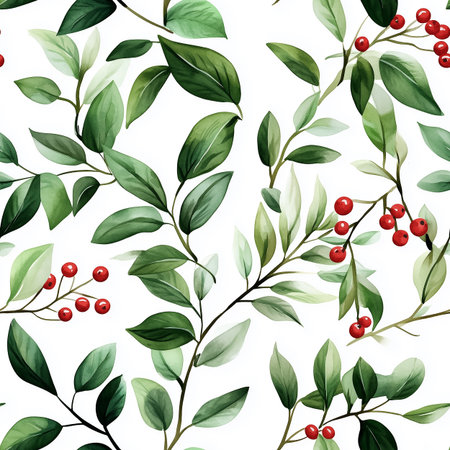 Green holly leaves with red berries create a vibrant pattern, perfect for holiday celebrations and winter decorations, capturing the essence of the festive spirit throughout the season.の素材