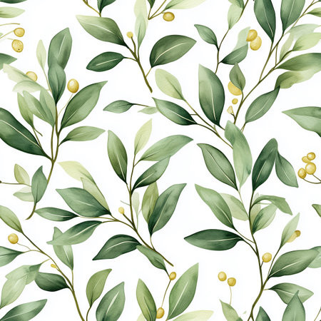 A pattern featuring lush green leaves intertwined with delicate yellow berries set against a clean white background adds a fresh and vibrant touch to any decor.の素材