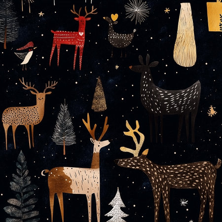 Various forest animals like deer and birds mingle in a winter landscape filled with snowflakes and holiday decorations, capturing a cozy, festive atmosphere.の素材