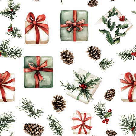 This festive design showcases an array of beautifully wrapped gifts adorned with holly and pine cones, creating a cheerful holiday atmosphere perfect for seasonal decor.の素材