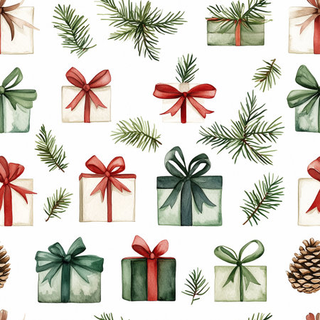 A lively arrangement features various wrapped gift boxes adorned with colorful ribbons scattered among pine branches and cones, perfect for holiday celebrations.の素材