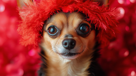 A small Chihuahua with a shiny coat poses adorably while wearing a fluffy red hat. The background features vibrant decorations, creating a joyful atmosphere perfect for celebrations.の素材