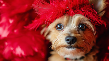 A small dog with bright blue eyes wears a striking red feather hat, capturing attention with its playful expression among a backdrop of red feathers.の素材