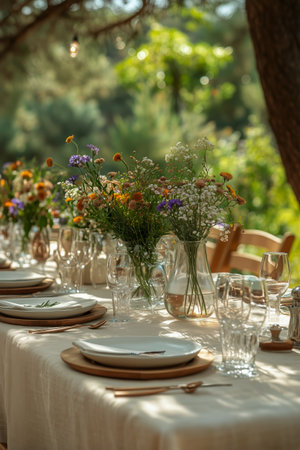 A beautifully arranged outdoor dining table features vibrant floral centerpieces, elegant tableware, and glassware, set amidst a lush green garden during a sunny afternoon.の素材
