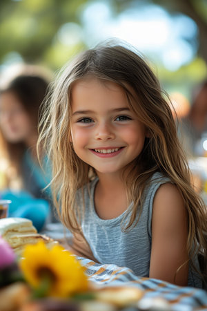 A cheerful girl with long hair smiles while sitting at a picnic table surrounded by friends. The sunny day features colorful decorations and delicious food displayed on the table.の素材
