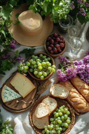 A laid-out picnic featuring fresh green grapes, slices of cheese, artisan bread, and some cherry preserves on a sunny day. Surrounded by greenery and a straw hat.の素材