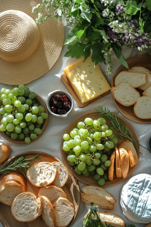 A laid-out picnic featuring fresh green grapes, slices of cheese, artisan bread, and some cherry preserves on a sunny day. Surrounded by greenery and a straw hat.の素材