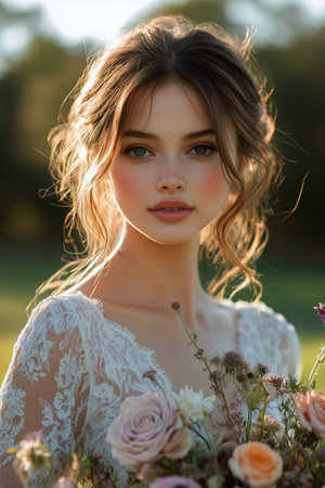 A young woman stands in a sunny outdoor location, holding a bouquet of colorful flowers. Her hair is styled elegantly, and the soft sunlight highlights her features beautifully.の素材