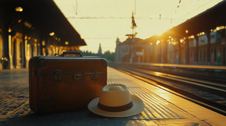 A worn suitcase rests beside a straw hat on an empty train platform just as the sun sets, casting warm light across the tracks and buildings of an old station.の素材