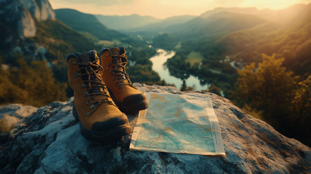 Hiking boots placed on a stone beside a detailed map, with a breathtaking view of a river valley under warm sunlight in the background, creating a perfect moment for adventure planning.の素材