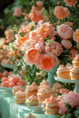 A beautifully decorated table features an array of peach-colored cupcakes alongside vibrant floral arrangements. This enchanting setting is perfect for a spring garden gathering.の素材