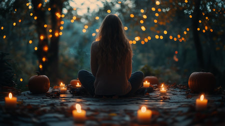 A woman sits cross-legged in a tranquil forest clearing, illuminated by candles and pumpkins, as soft twinkling lights create a magical atmosphere at twilight.の素材