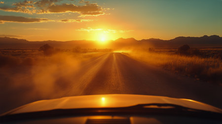 As the sun sets over distant mountains, a gravel road stretches ahead, kicking up dust, creating a serene atmosphere during twilight.の素材