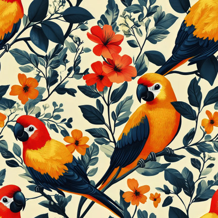 Two bright parrots perch amidst lush green leaves and vivid tropical flowers, showcasing a vivid display of natures beauty in a rich botanical setting.の素材