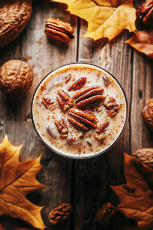 A glass filled with a creamy nut drink topped with pecans rests on a wooden table surrounded by autumn leaves and walnuts, showing a warm seasonal aesthetic.の素材