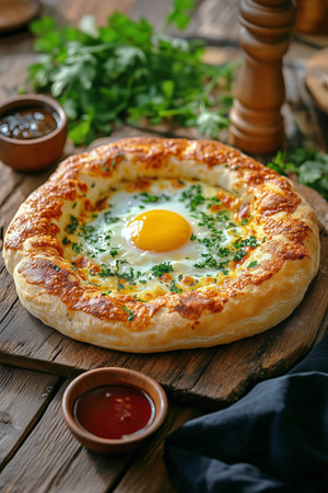 Freshly baked flatbread features a golden egg in the center, surrounded by melted cheese and herbs, garnished with sauces on a rustic wooden board.の素材