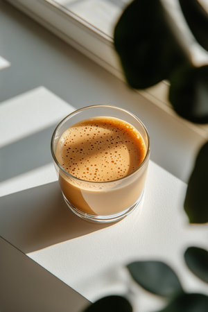 A glass filled with creamy coffee sits on a windowsill, illuminated by sunlight. Soft shadows dance across the surface, creating a peaceful morning atmosphere.の素材
