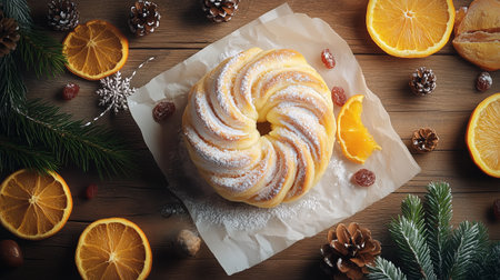 Freshly baked cinnamon rolls topped with colorful fruits and powdered sugar, surrounded by pinecones and orange slices on a rustic wooden table, evoking a festive atmosphere.の素材