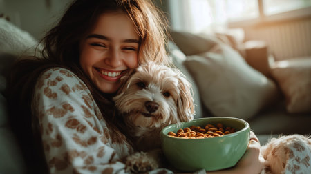 A woman sits on a couch, smiling joyfully at her dog that rests beside her. Sunlight filters through the window, creating a warm, inviting atmosphere and highlighting their bond.の素材