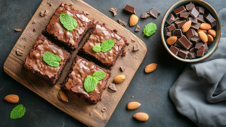 Freshly baked chocolate brownies are arranged on a wooden board, garnished with mint leaves and accompanied by almonds and chocolate pieces, perfect for dessert lovers.の素材