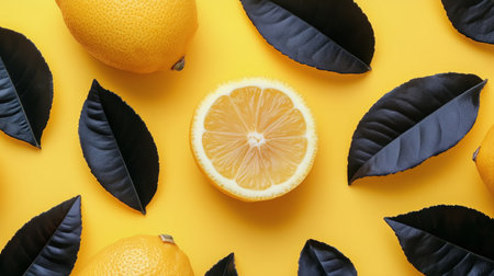 Lemons lay scattered on a bright yellow surface, with one lemon halved in the center surrounded by dark black leaves, creating a striking visual contrast and artistic display.の素材