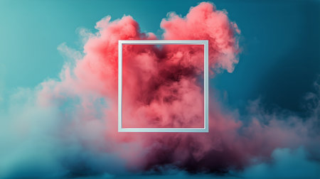 Colorful smoke billows in shades of red and blue, encircling a square frame in an artistic display that evokes a dreamlike atmosphere during a creative event.の素材