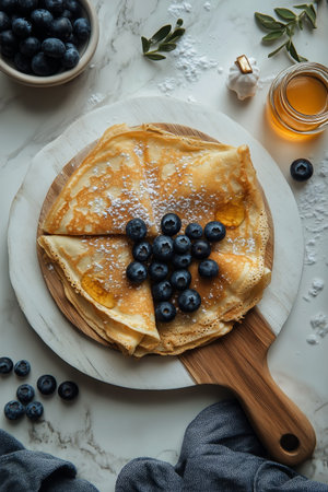 Delicate crepes stacked on a plate topped with fresh blueberries, served with honey and salt with green leaves nearby.の素材