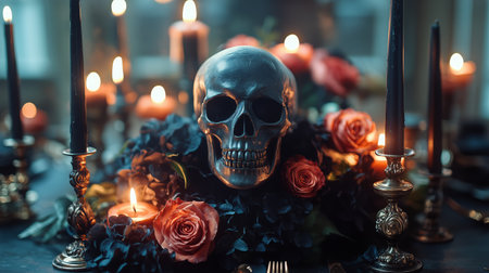 An ornate skull sits atop a dark floral arrangement, surrounded by flickering candles and lush roses, creating a haunting yet beautiful ambiance in a low-light environment.の素材