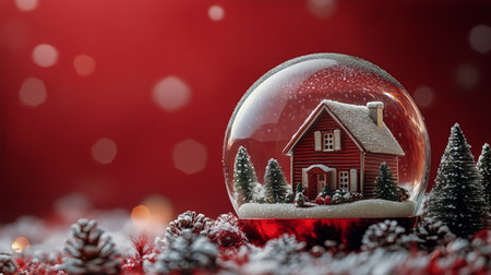 A detailed snow globe showcases a small red house with warm light shining from its windows, surrounded by tiny evergreen trees, set against a vibrant red backdrop during winter.の素材