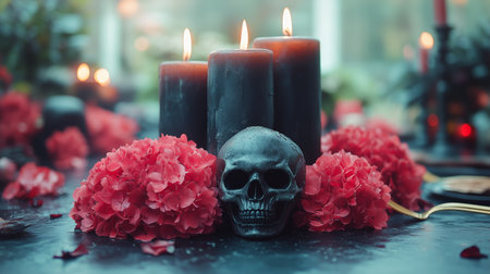 An ornate skull sits atop a dark floral arrangement, surrounded by flickering candles and lush roses, creating a haunting yet beautiful ambiance in a low-light environment.の素材