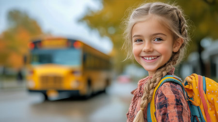 A girl with braided hair and a backpack stands smiling as she waits for her school bus on a bright autumn day. Trees with golden leaves surround the scene, creating a cheerful atmosphere.の素材