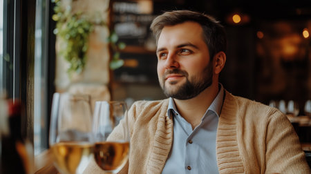 A man sits comfortably at a table in a warm restaurant, savoring a moment of relaxation while enjoying a glass of wine. Ambient lighting enhances the inviting atmosphere.の素材