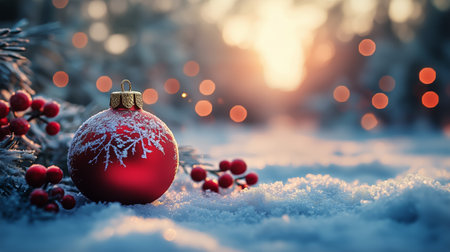 A vibrant red Christmas ornament rests on a blanket of fluffy snow. Surrounding it are holly berries and a soft glow from lights in the distance, creating a warm festive atmosphere.の素材
