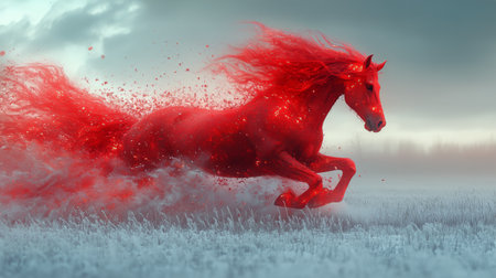 A striking red horse runs energetically across a snowy field during dusk. Its flowing mane and vibrant body stand out against the cold, gray sky, creating a surreal atmosphere.の素材