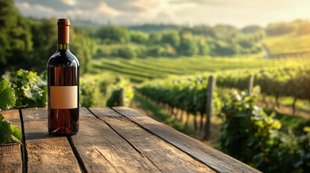 A wine bottle stands on a rustic wooden table, set against a lush vineyard. The golden sunset casts a warm glow over the landscape, creating a peaceful ambiance.の素材