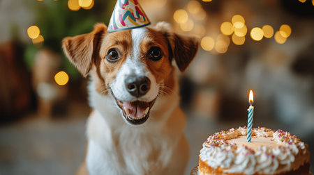 A cheerful dog wearing a party hat sits next to a delicious cake with a single candle lit, surrounded by warm, glowing lights. It is a joyful birthday celebration.の素材